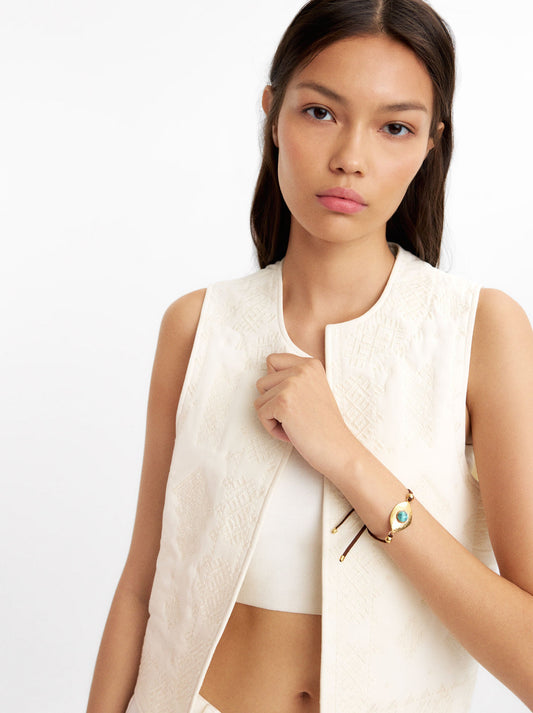Leather Bracelet With Oval Detail And Stone