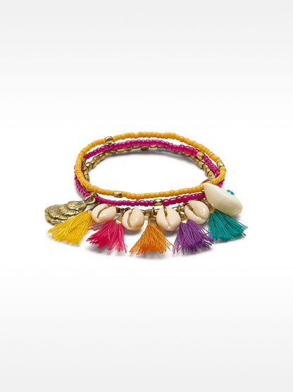 Set Of Elastic Bracelets With Multicolor Tassels