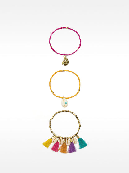 Set Of Elastic Bracelets With Multicolor Tassels