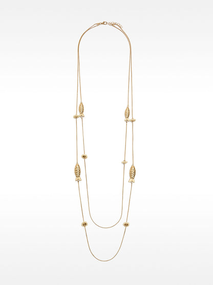 Long Double Necklace With Fish And Flowers