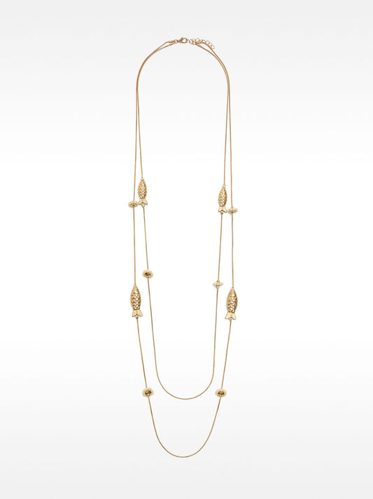 Long Double Necklace With Fish And Flowers