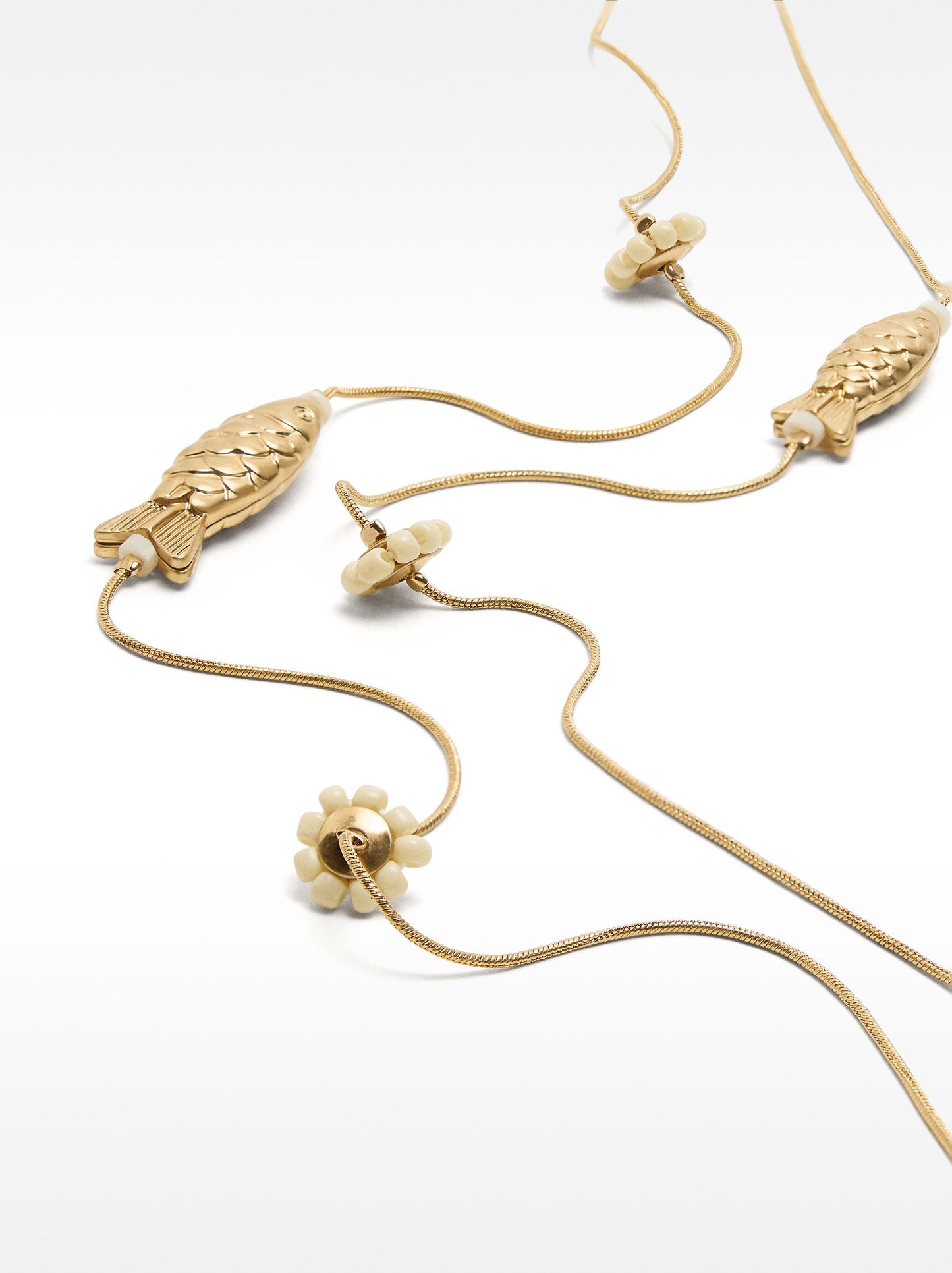Long Double Necklace With Fish And Flowers