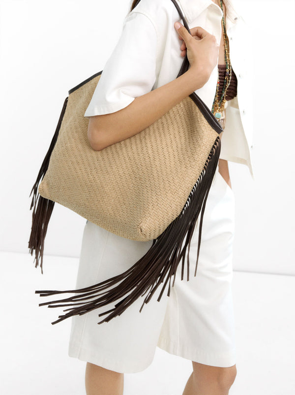 Raffia Shopper Bag With Leather Fringes
