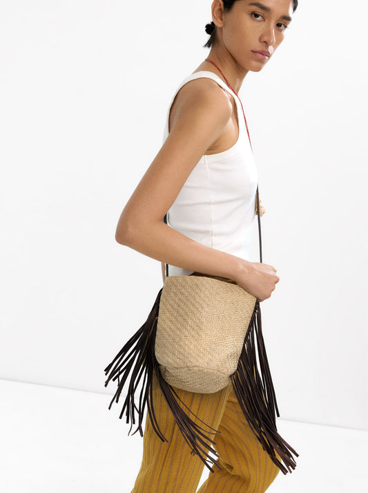 Bucket Bag Of Raffia With Leather Fringes