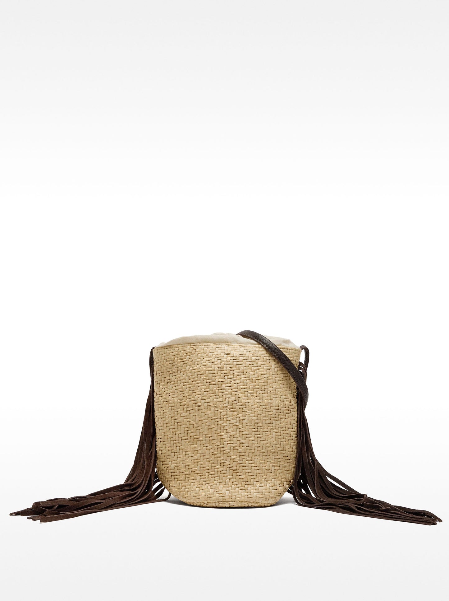 Bucket Bag Of Raffia With Leather Fringes