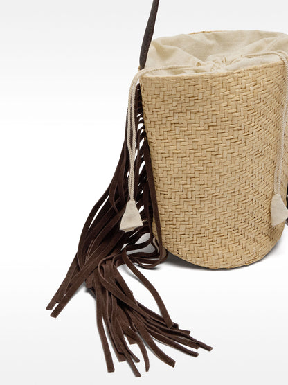 Bucket Bag Of Raffia With Leather Fringes