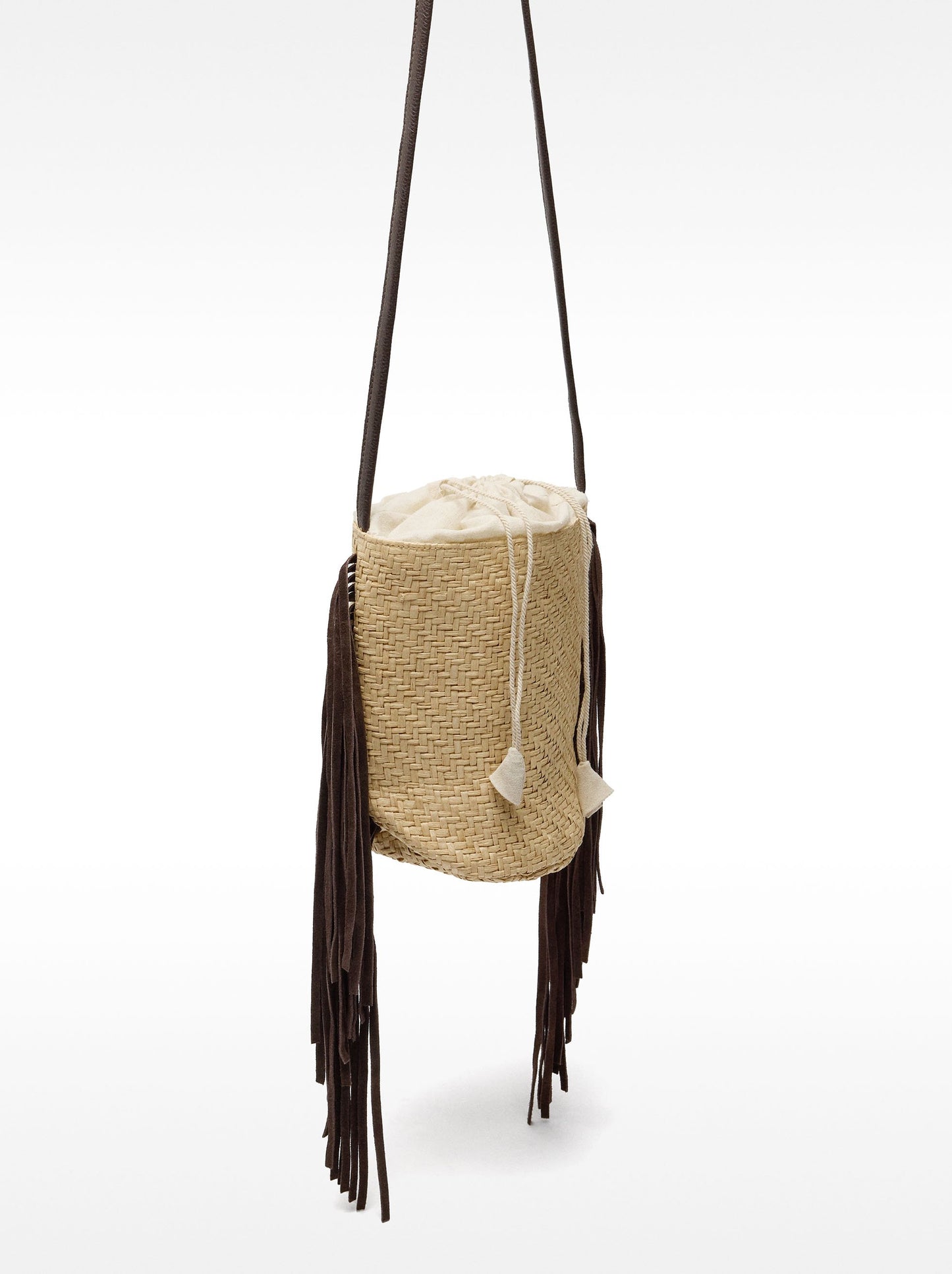 Bucket Bag Of Raffia With Leather Fringes