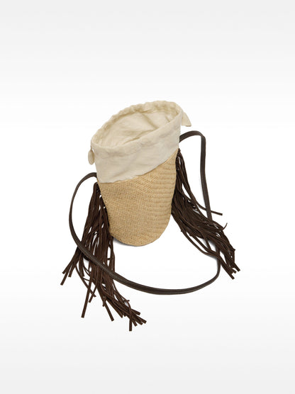 Bucket Bag Of Raffia With Leather Fringes
