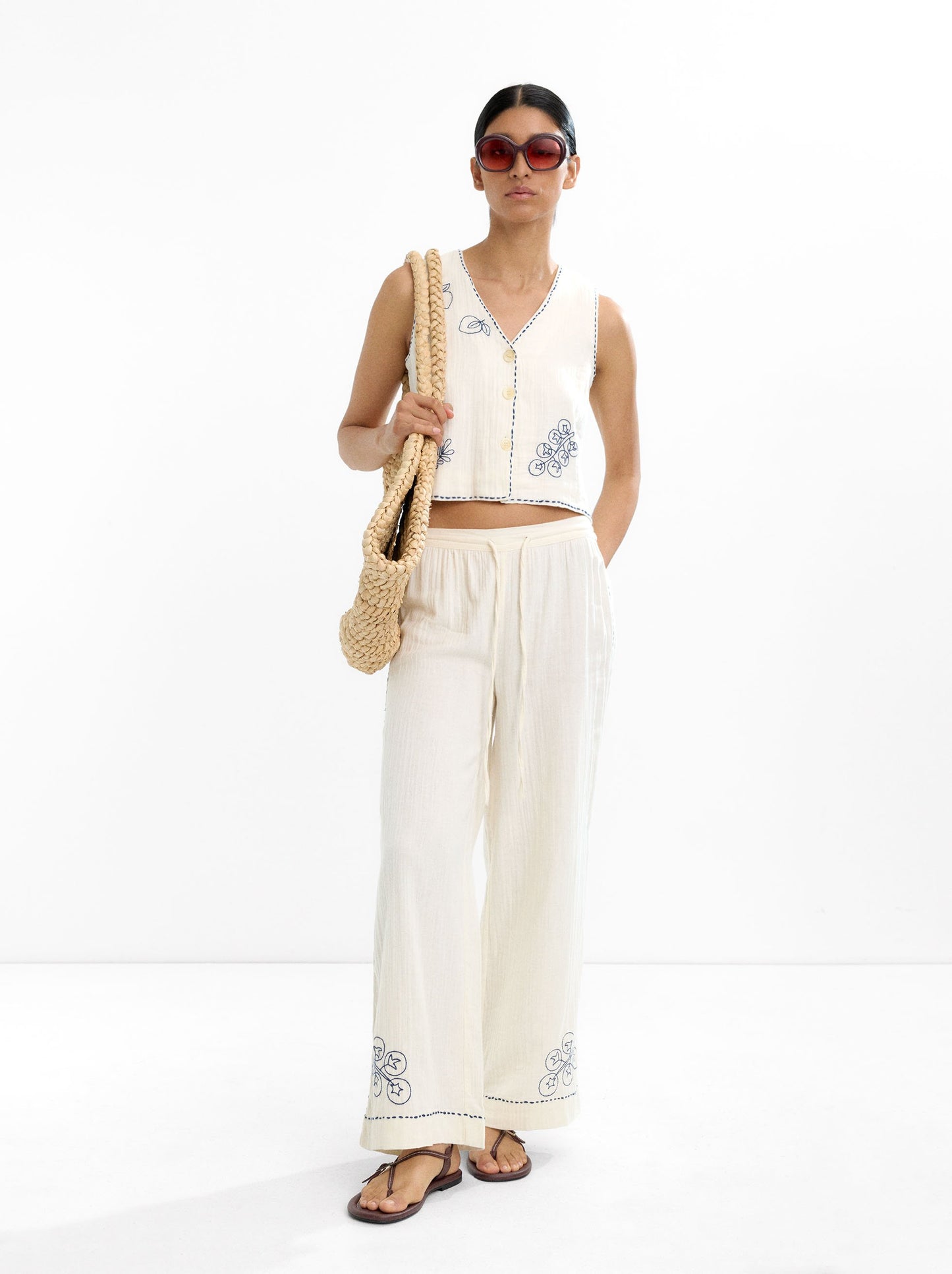 100% Cotton Trousers With Embroidery