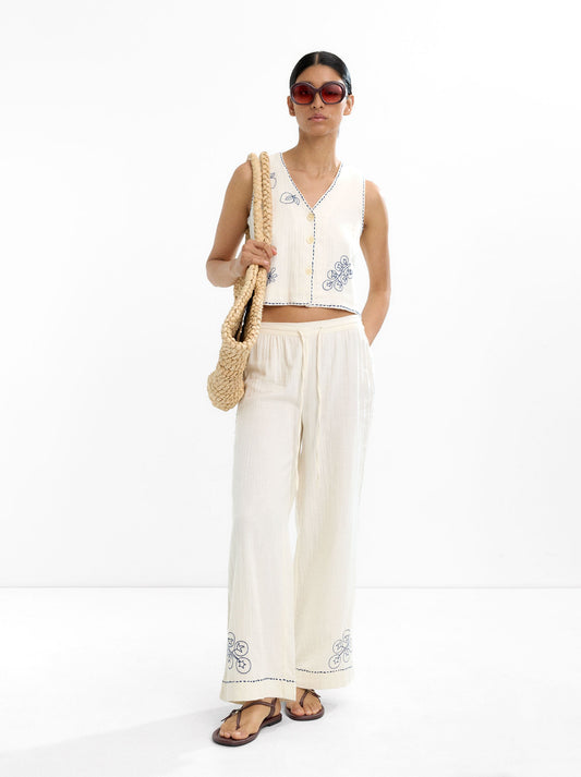 100% Cotton Trousers With Embroidery