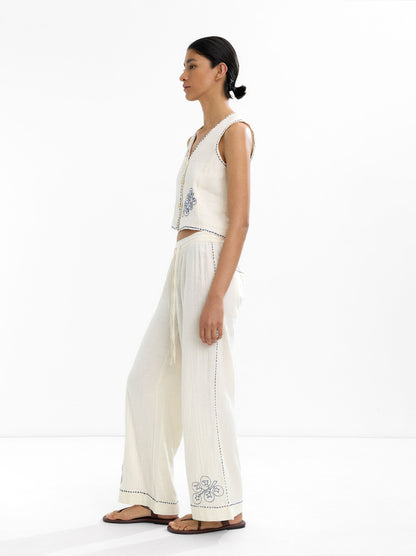 100% Cotton Trousers With Embroidery