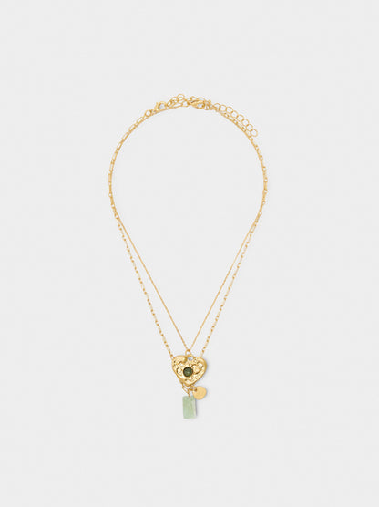 Set Of Necklaces With Heart Pendant And Stone