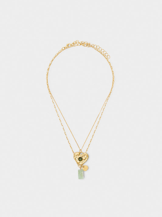Set Of Necklaces With Heart Pendant And Stone