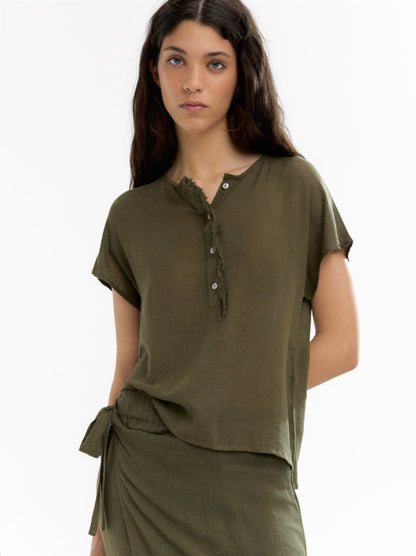 Linen-Blend T-Shirt With Buttons