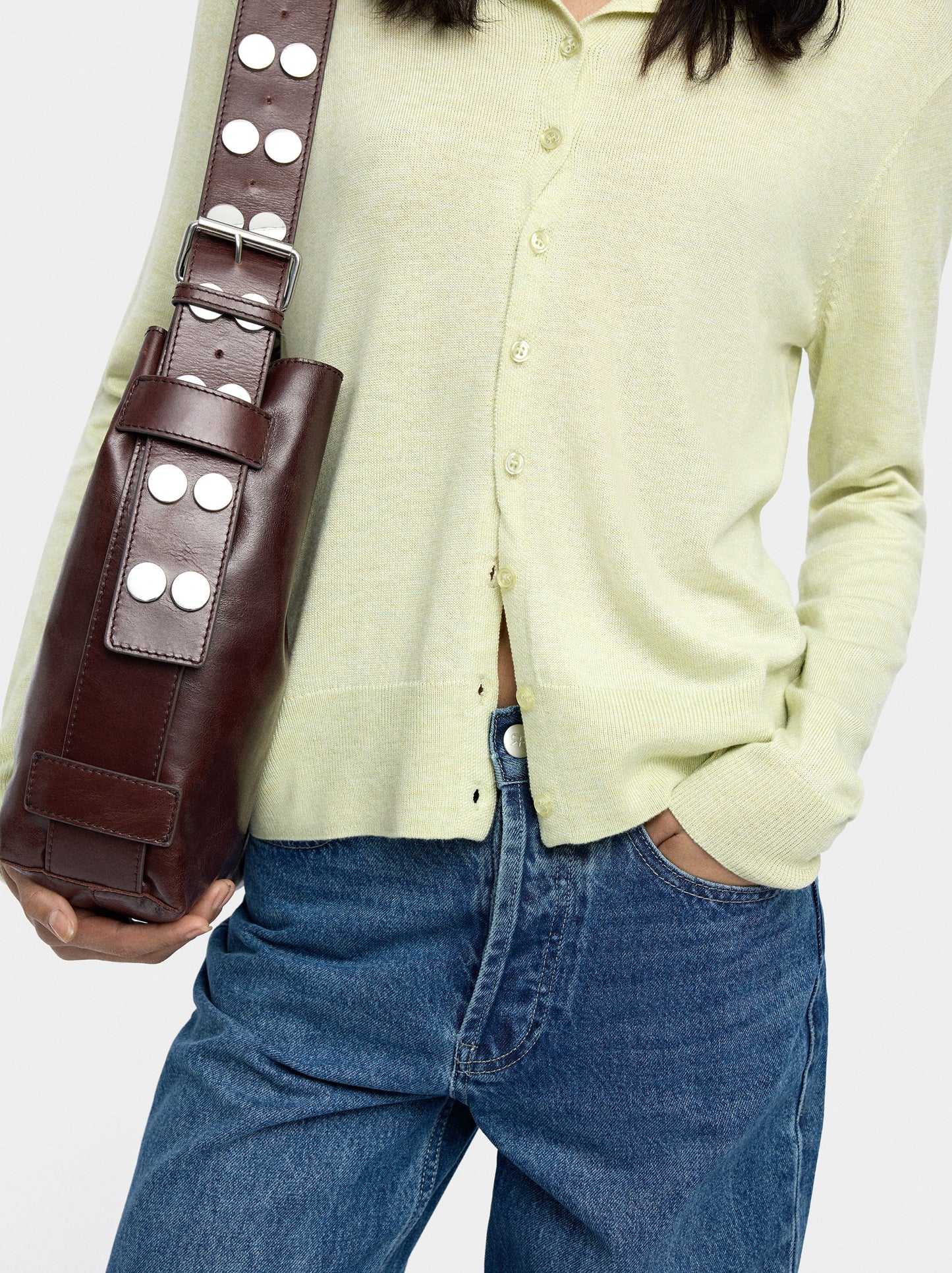 Knit Mesh Cardigan With High Neck