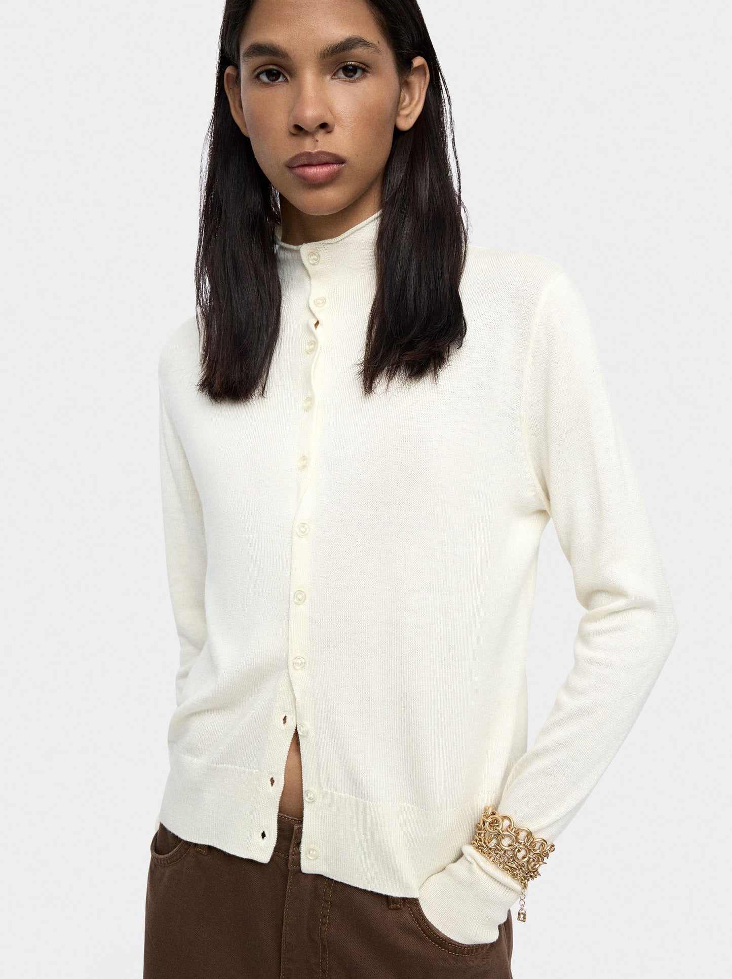 Knit Mesh Cardigan With High Neck