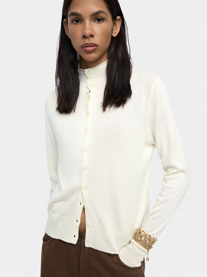 Knit Mesh Cardigan With High Neck