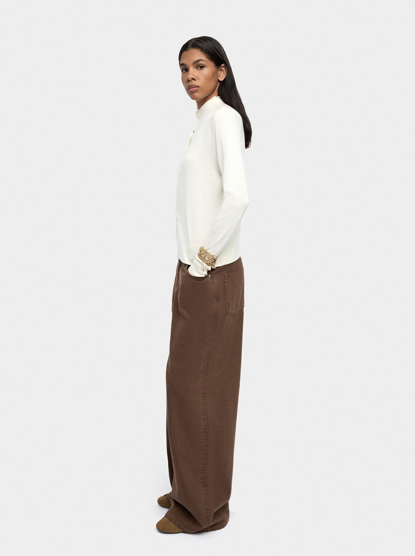 Knit Mesh Cardigan With High Neck