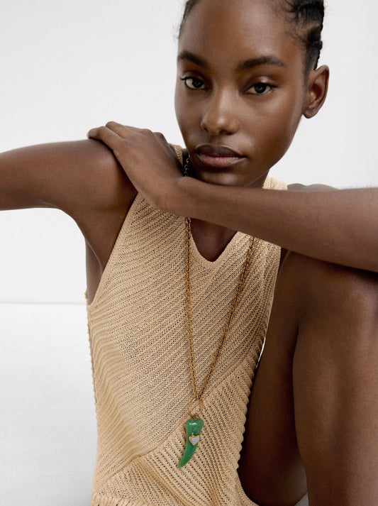 Long Necklace Of Links With Stone Pendant