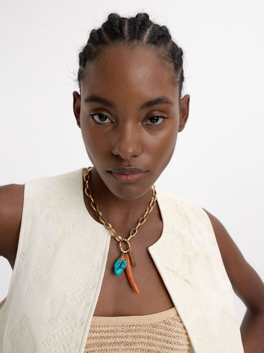 Short Necklace Of Links With Stone Pendants