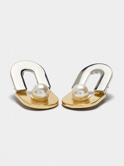 Elongated Two-Tone Hoop Earrings With Pearl