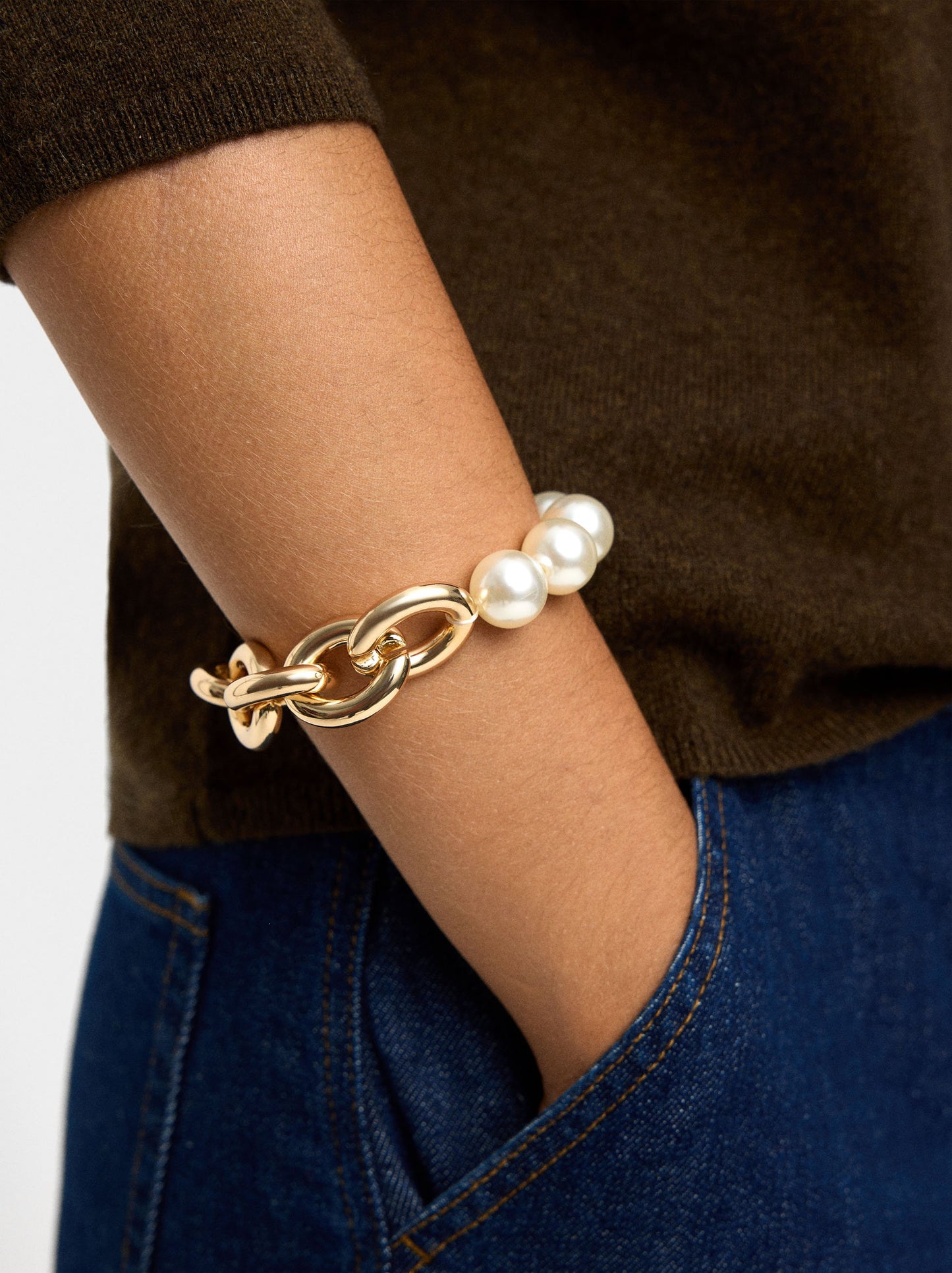 Elastic Bracelet Of Links With Pearls