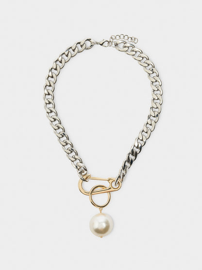 Short Bicolor Links Necklace With Pearl