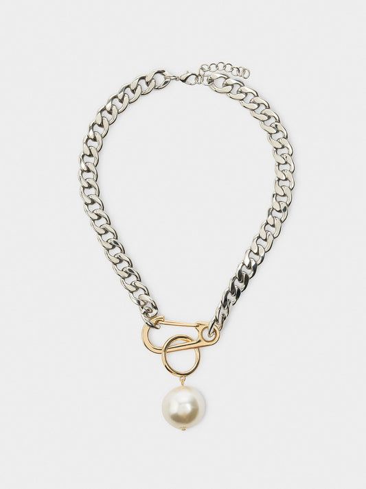 Short Bicolor Links Necklace With Pearl