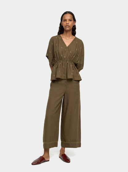 Trousers With Embroidery And Linen Blend