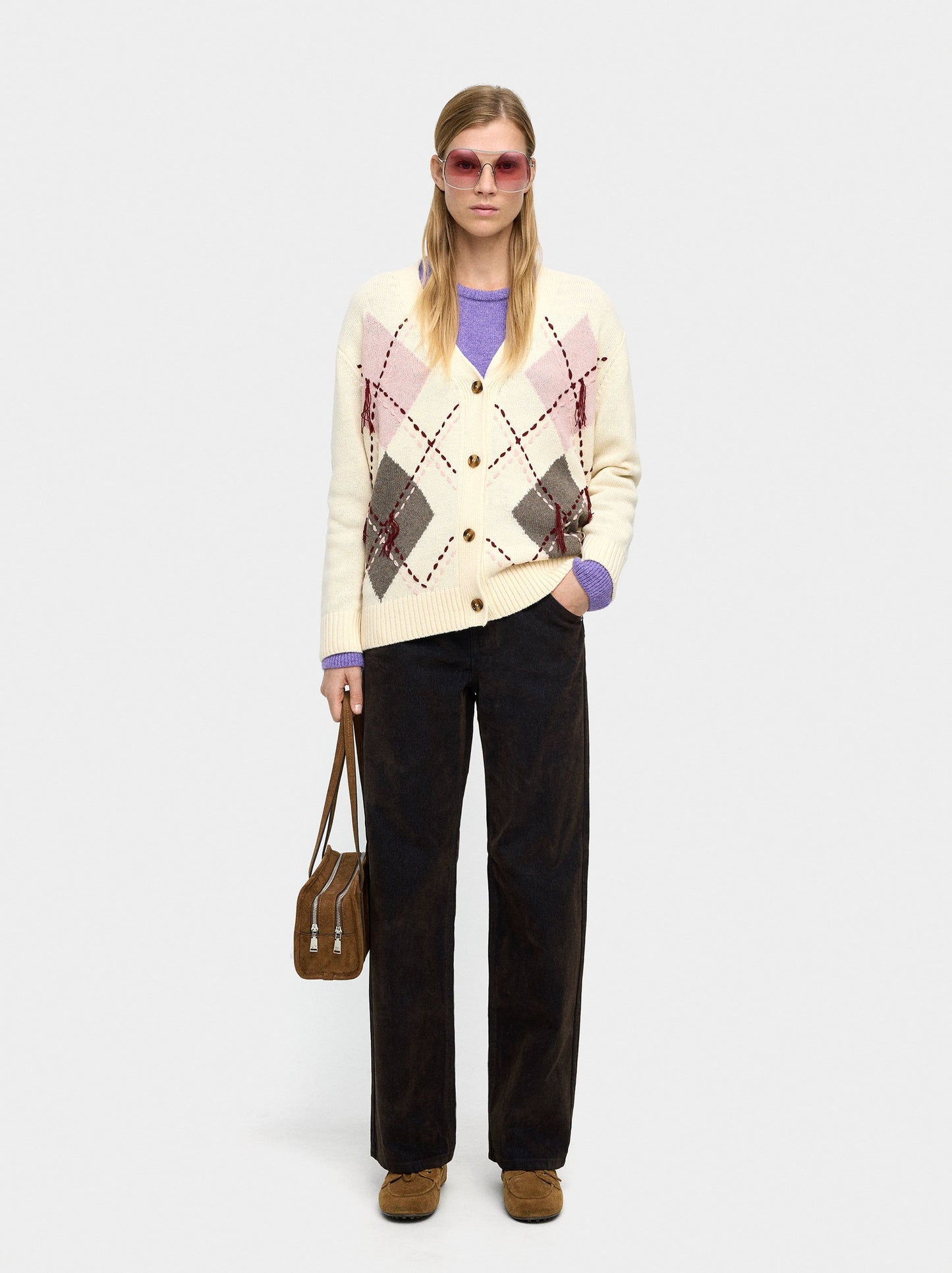 Knit Cardigan With Argyle And Embroidery