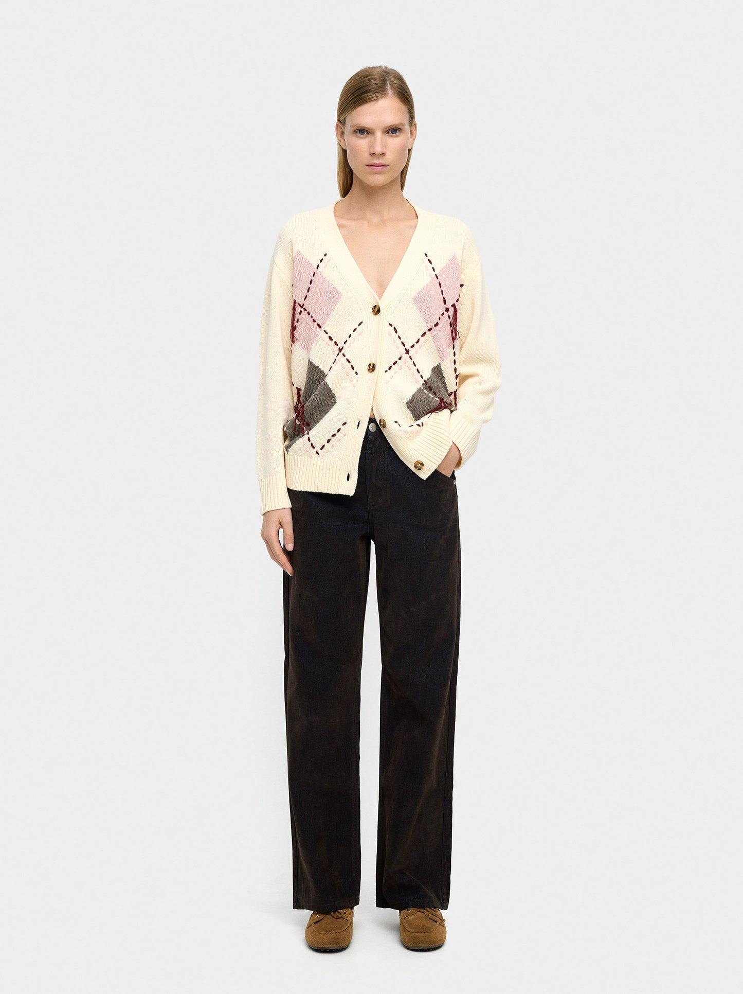 Knit Cardigan With Argyle And Embroidery