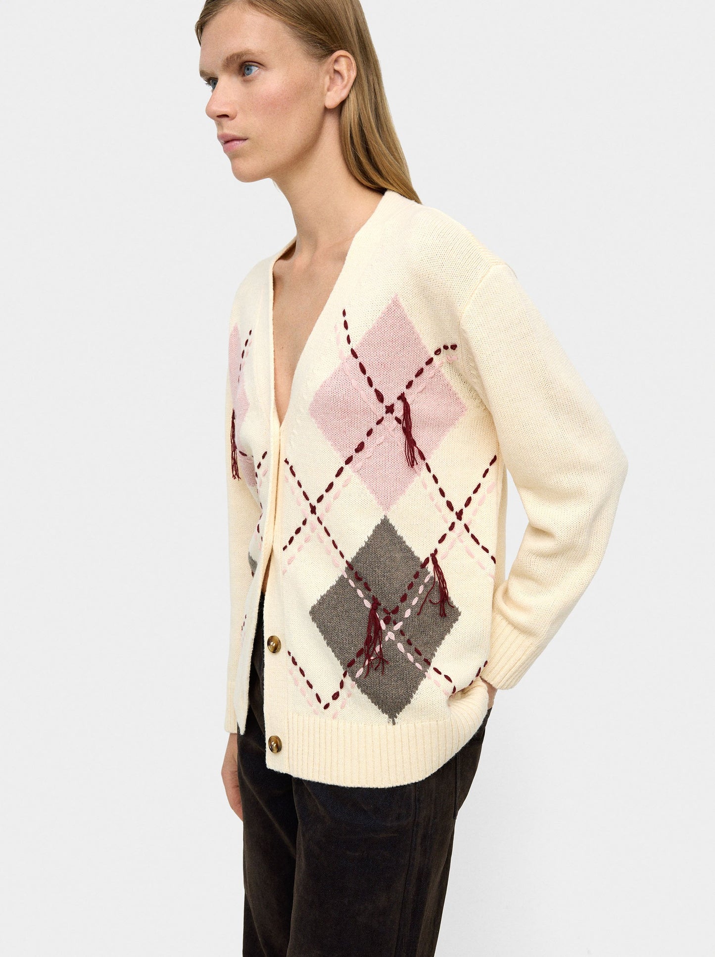 Knit Cardigan With Argyle And Embroidery