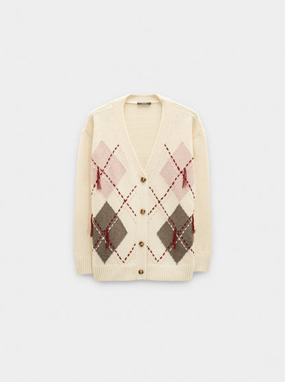 Knit Cardigan With Argyle And Embroidery