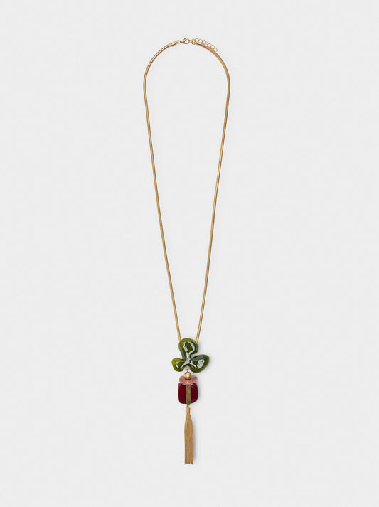 Long Necklace With Resin Flower With Fringes