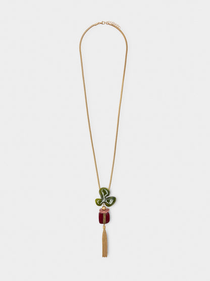 Long Necklace With Resin Flower With Fringes