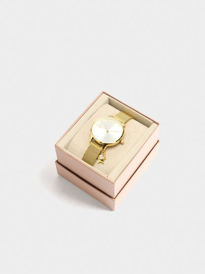Watch With Metal Mesh Bracelet And Charm
