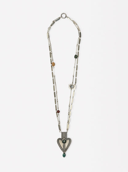 Long Necklace With Heart Pendant And Stones