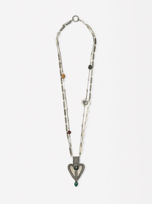 Long Necklace With Heart Pendant And Stones