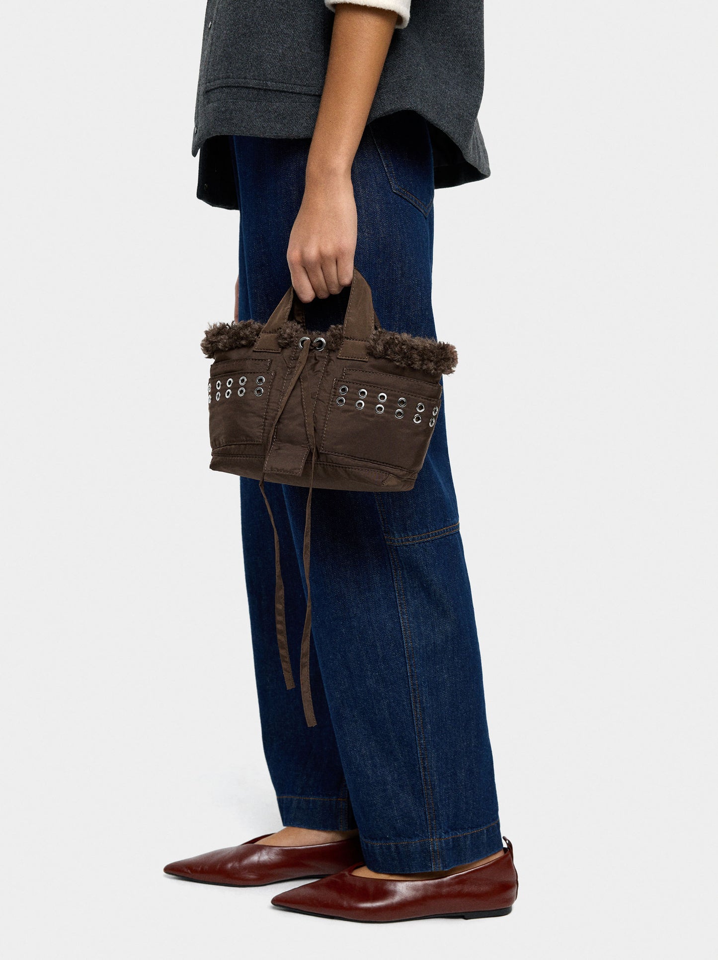 Tote Bag Of Nylon With Edge Fur Effect