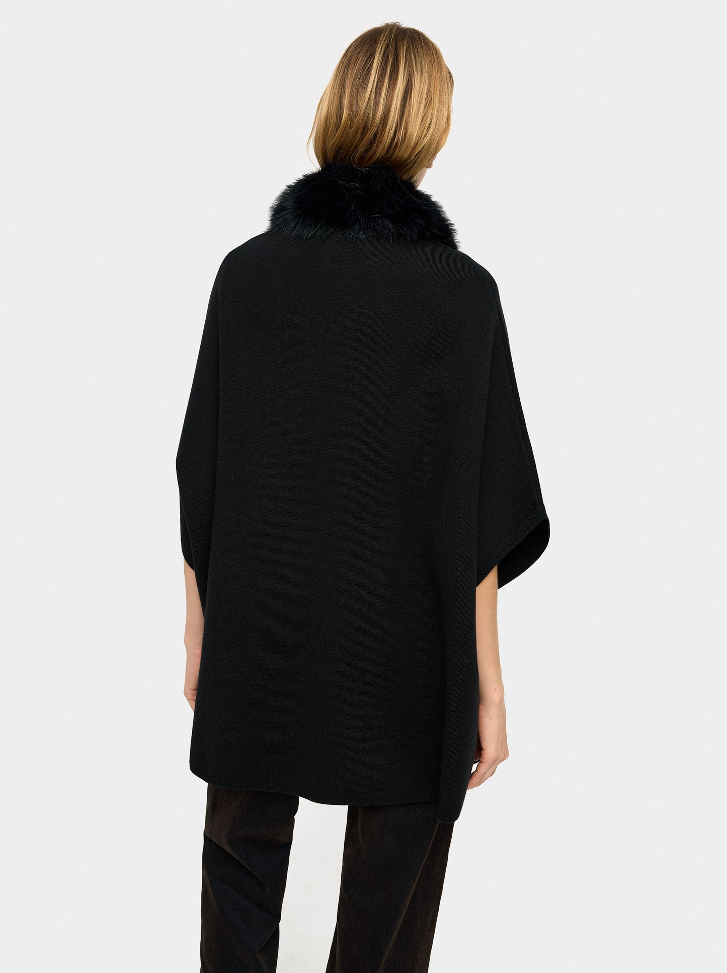 Knit Poncho With Fur-Effect Collar