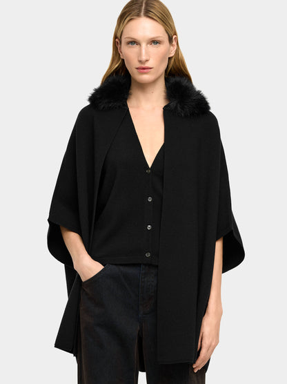 Knit Poncho With Fur-Effect Collar