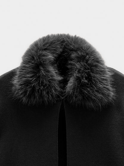 Knit Poncho With Fur-Effect Collar