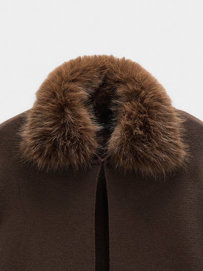 Knit Poncho With Fur-Effect Collar
