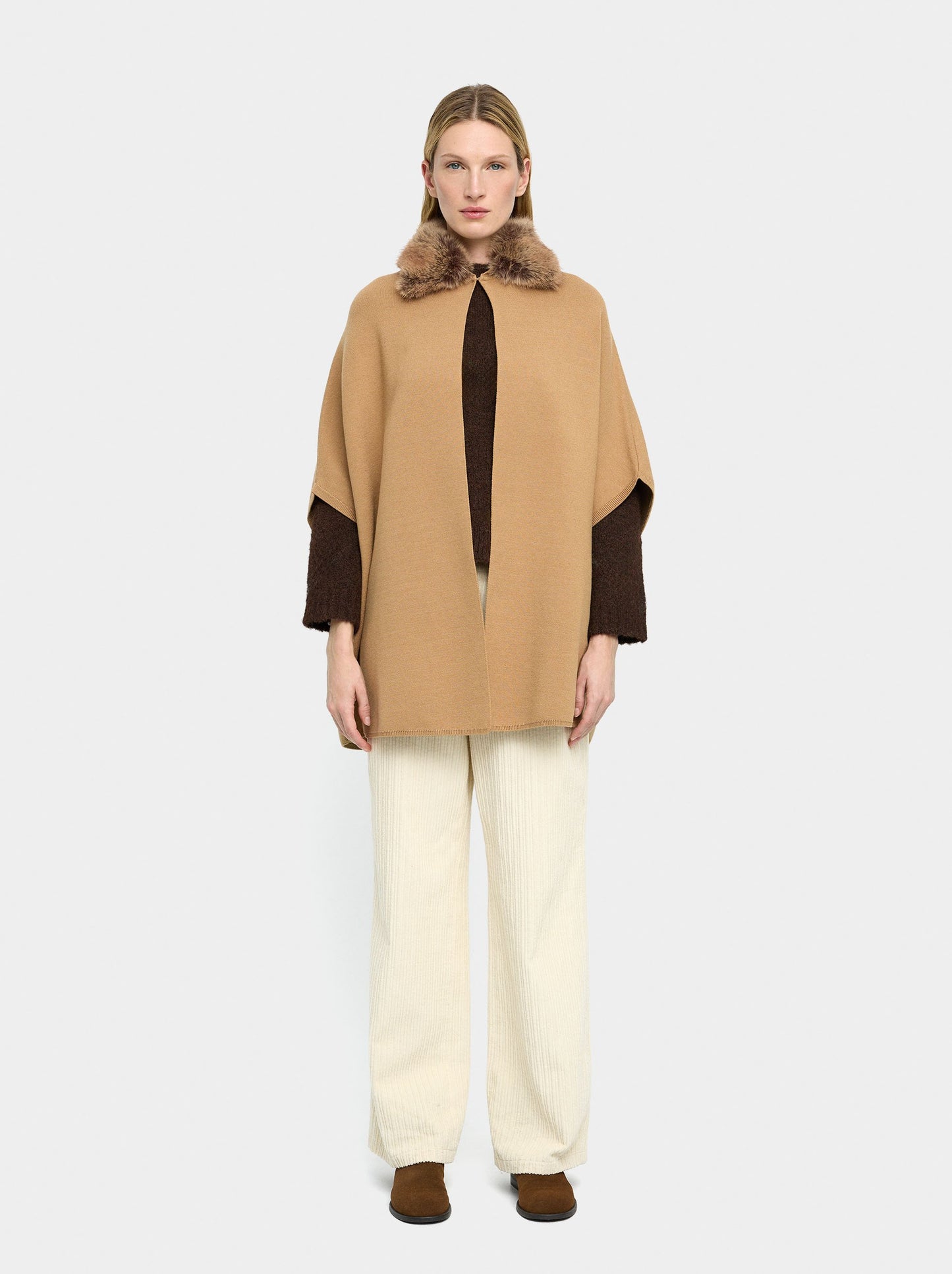 Knit Poncho With Fur-Effect Collar