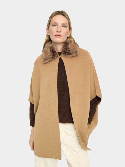 Knit Poncho With Fur-Effect Collar