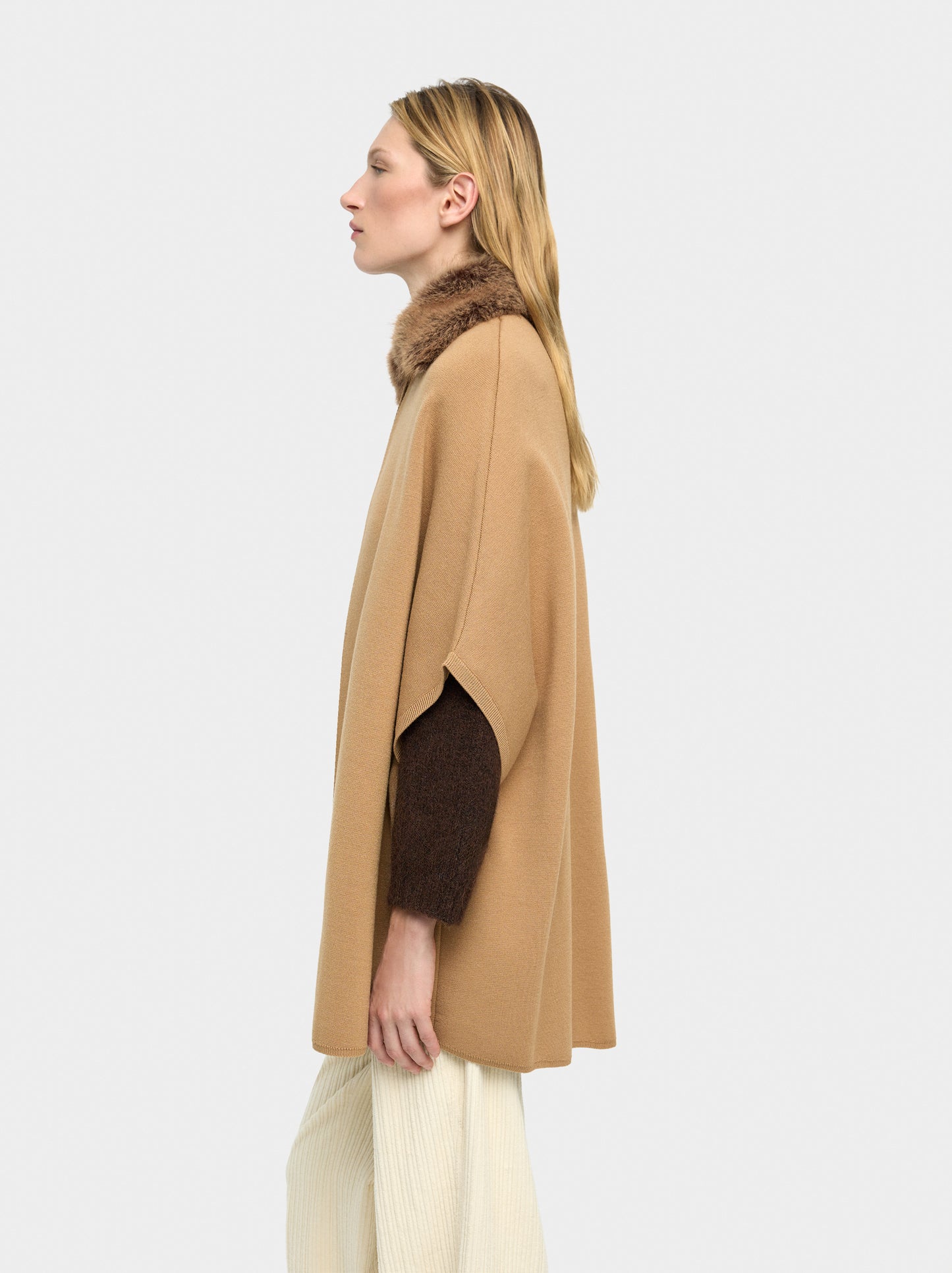 Knit Poncho With Fur-Effect Collar