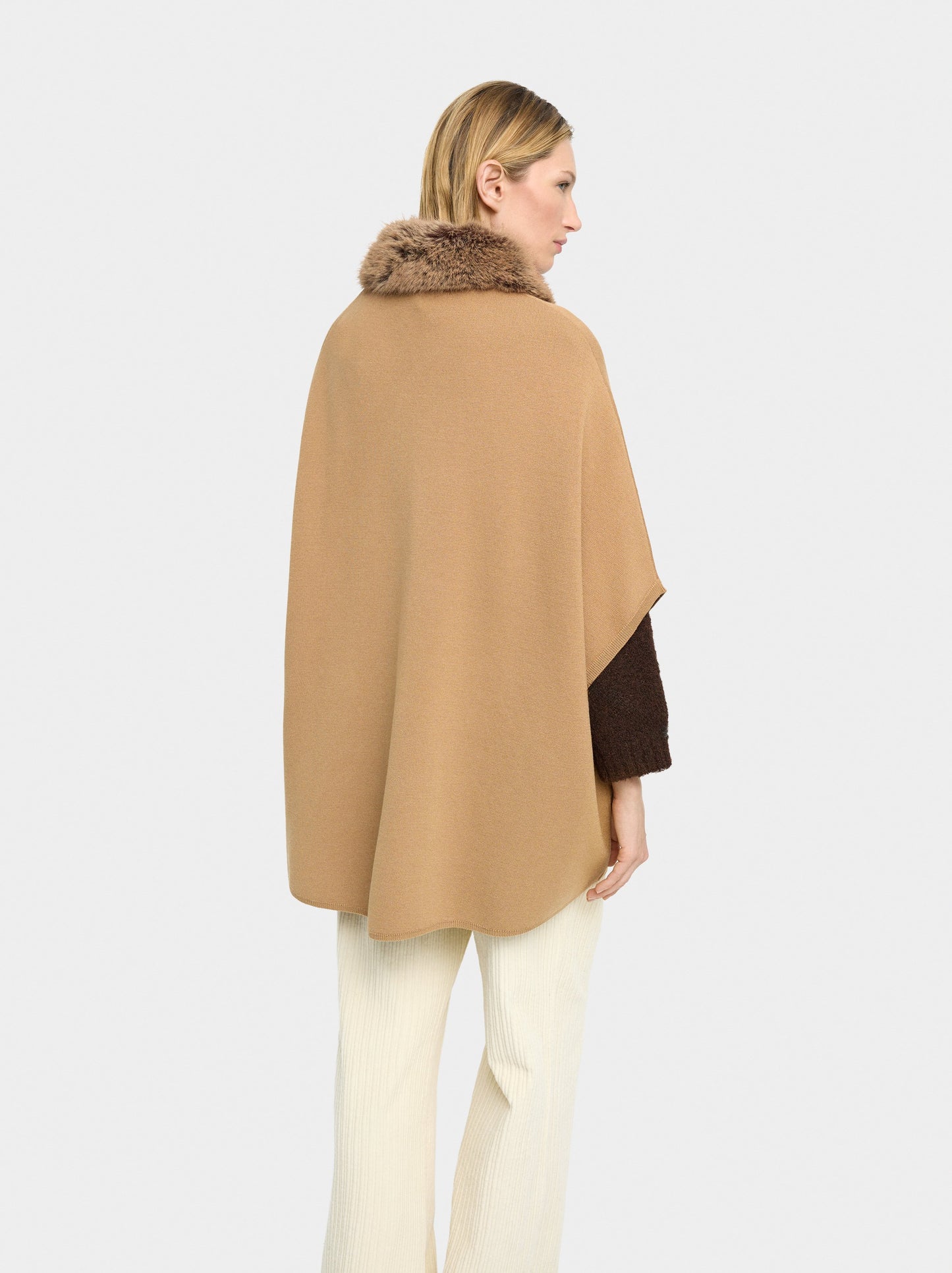 Knit Poncho With Fur-Effect Collar
