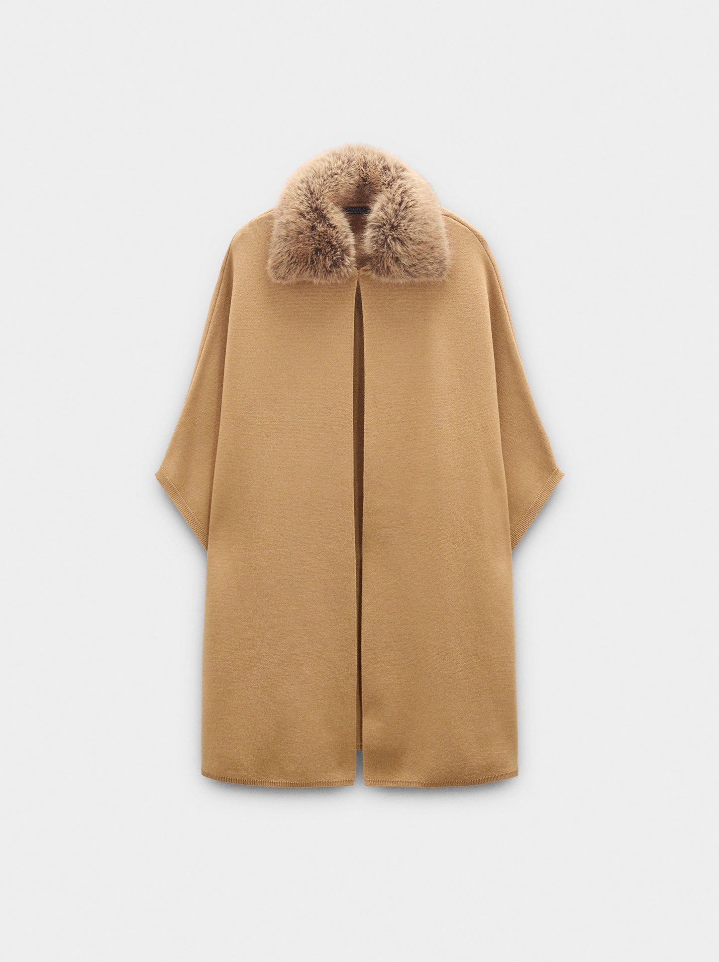 Knit Poncho With Fur-Effect Collar