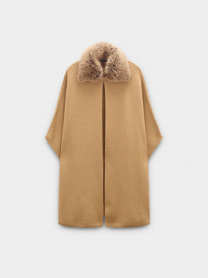 Knit Poncho With Fur-Effect Collar