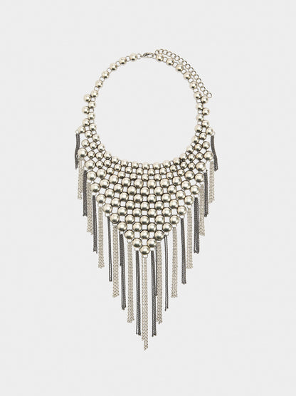 Short Bib Necklace With Metallic Fringes